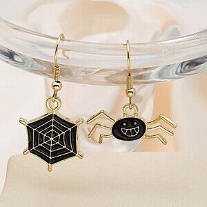 Spider & Cobweb Goldtone & Black Enamel Mismatch Drop Earrings NEW! 648SA3
